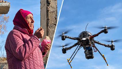 Ukrajinská babička zneškodnila ruský dron řízený optickým vláknem, ilustrační koláž.
