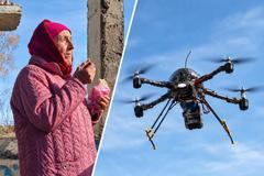 Ukrajinská babička zneškodnila ruský dron řízený optickým vláknem, ilustrační koláž.