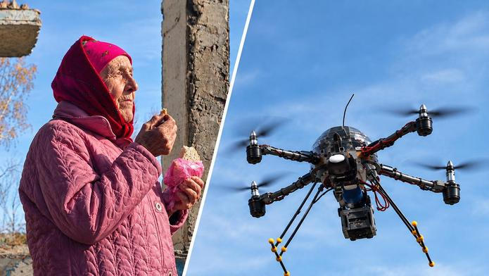 Ukrajinská babička zneškodnila ruský dron řízený optickým vláknem, ilustrační koláž.