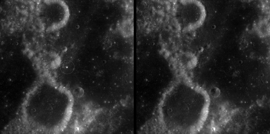 Detail nového kráteru McGetchin na Měsíci. Vlevo je oblast zachycená sondou Lunar Reconnaissance Orbiter v létě 2025, vpravo stejné místo na snímcích z jara 2011. Bílá skvrna nepředstavuje samotný kráter, ale materiál vyvržený při nárazu tělesa, které mohlo být velké asi jako tří- až šestipatrová budova. Kráter vznikl mezi 11. dubnem a 22. květnem 2024. Zobrazená oblast je široká přibližně 61 kilometrů. ...