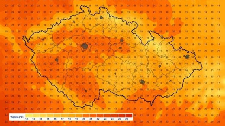 Mapa maximálních teplot pro sobotu 26. září 2026.