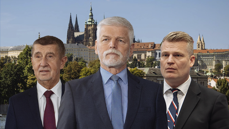 Na koláži Aktuálně.cz jsou (zleva) premiér Andrej Babiš (ANO), současný prezident Petr Pavel a poslanec Filip Turek (Motoristé).