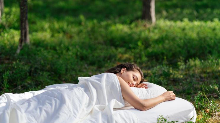 Woman,Sleeps,On,A,Mattress,In,The,Summer,Forest.,The