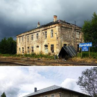 Srovnání stavu výpravní budovy před a během rekonstrukce.