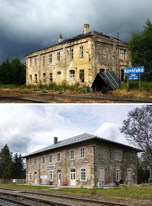 Srovnání stavu výpravní budovy před a během rekonstrukce.