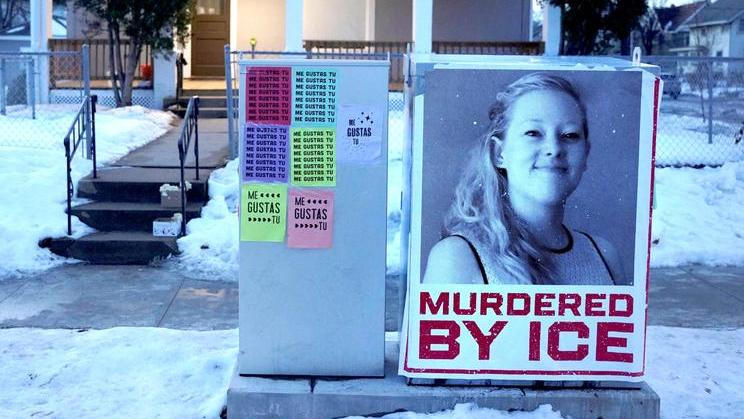 A poster with the picture of Renee Nicole Good is displayed after her fatal shooting by a U.S. Immigration and Customs Enforcement (ICE) agent, in Minneapolis