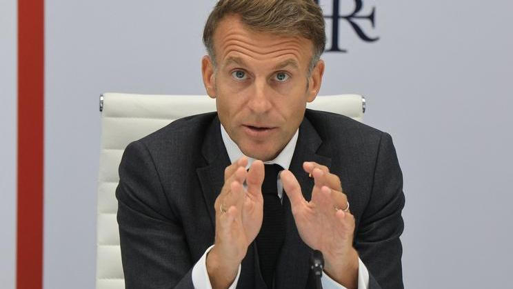 French President Emmanuel Macron speaks following a video conference with G7 leaders at the Elysee Palace in Paris