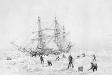 HMS Terror sevřená arktickým ledem. Rytina podle kresby George Backa z expedice 1836–1837.