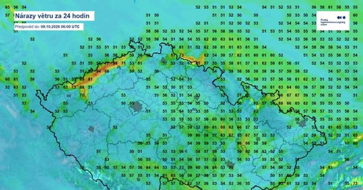 K dešti se přidá ještě silný vítr. Mapa ukazuje, kde bude foukat nejsilněji