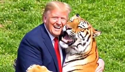 Trump zveřejnil na sociální síti AI generované video, na kterém zápasí a přátelí se s usmívajícím se tygrem 
