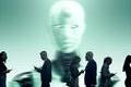 Huge,Ai,Robot,On,Screen,And,Crowd,Of,Distracted,People