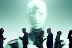 Huge,Ai,Robot,On,Screen,And,Crowd,Of,Distracted,People