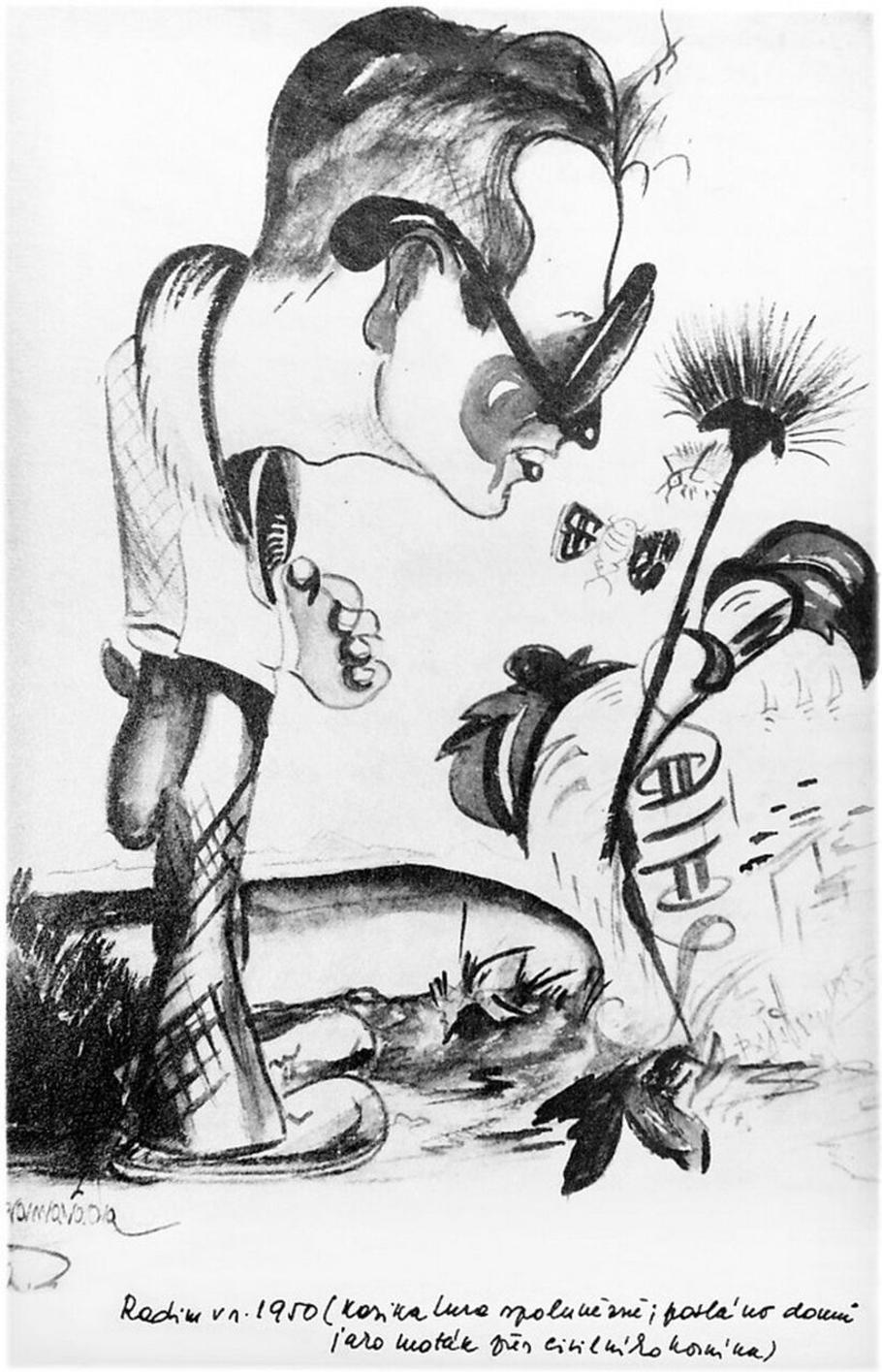 Radim Kuthan v roce 1950. Karikaturu od spoluvězně dostala rodina jako moták přes civilního horníka.