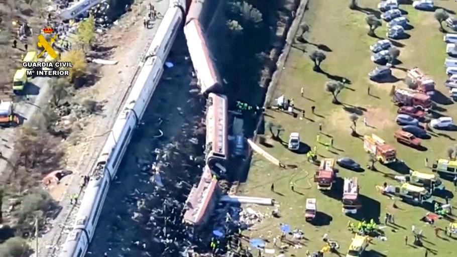 An aerial view of the crash site after two high-speed trains collided, in Urda